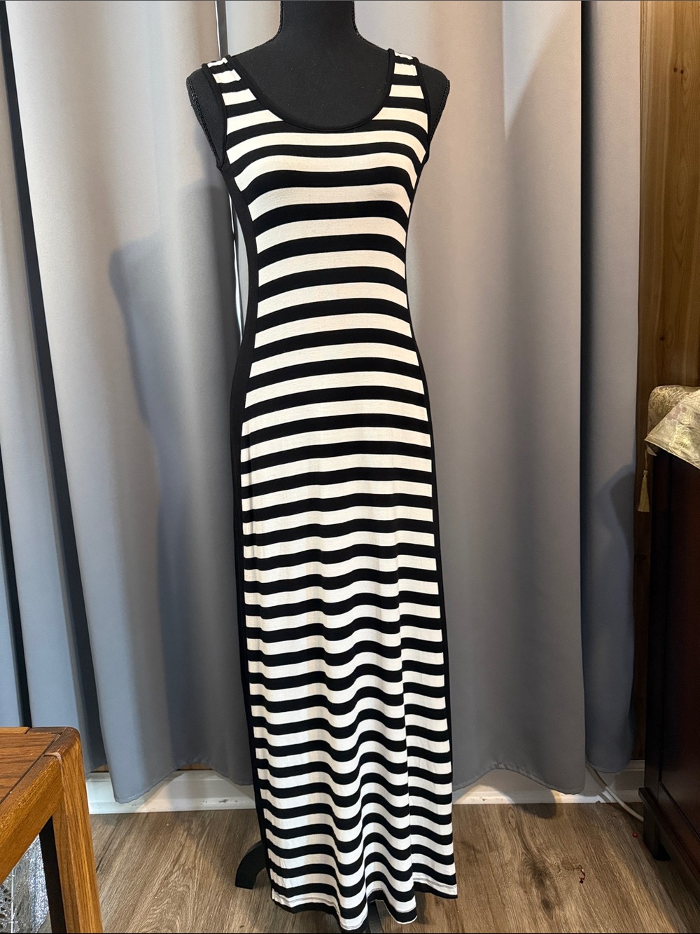 Calvin Klein Black and White Striped Sleeveless Maxi Dress